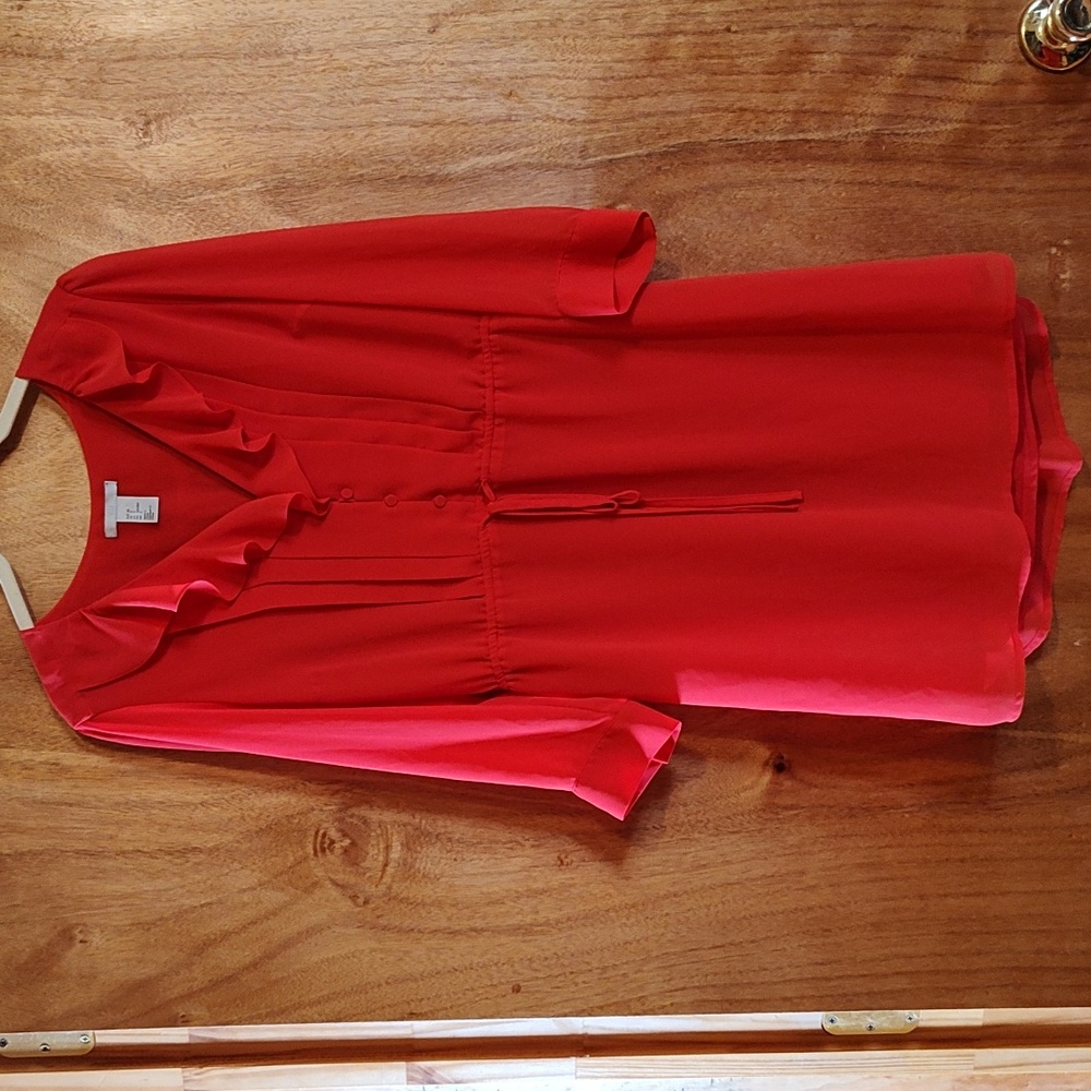 *Like New* H&M Chiffon Dress Tomato Red Knife Pleats Ruffled Tie Waist Sheer 8